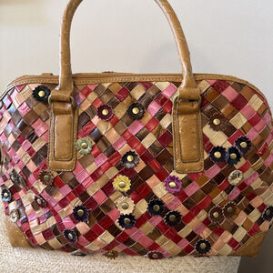 Emerald Green Woven Leather Boho Flower Appliqué Bag Tote Dome Shopper Zip